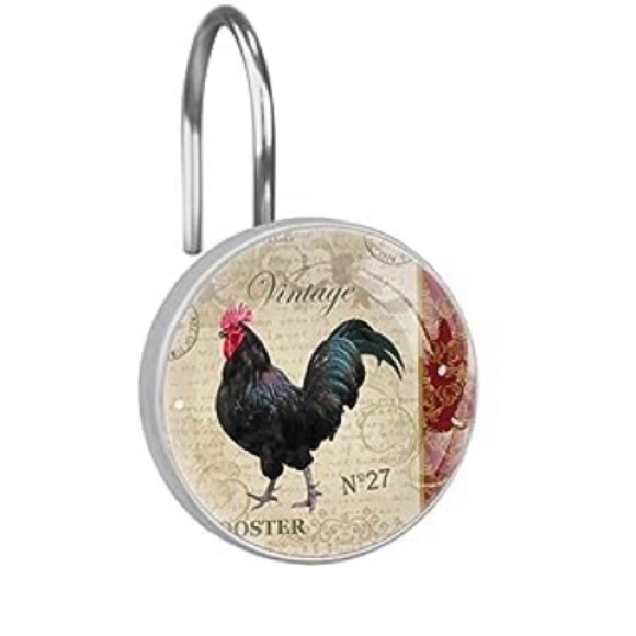 Rooster & Hen Art Shower Curtain w/12 Vintage Postcard w/Rooster Curtain Hooks - Picture 7 of 7